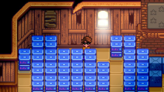 Captura de tela de 'Paying for Perfection: vencendo Stardew Valley da maneira errada' mostrando o personagem do jogador entre caixas no Joja Warehouse