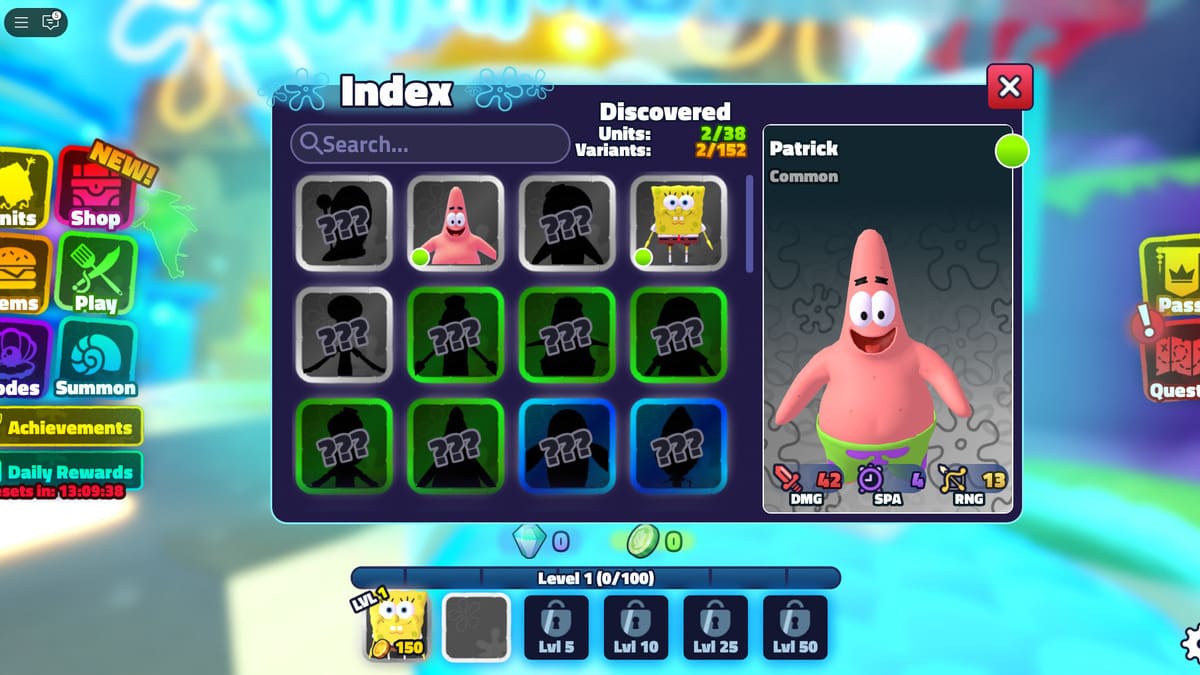 Menu de índice de unidades no SpongeBob Tower Defense