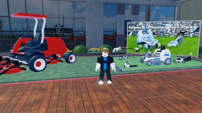 Roblox Cut The Grass Rp em pé na frente do equipamento agrícola