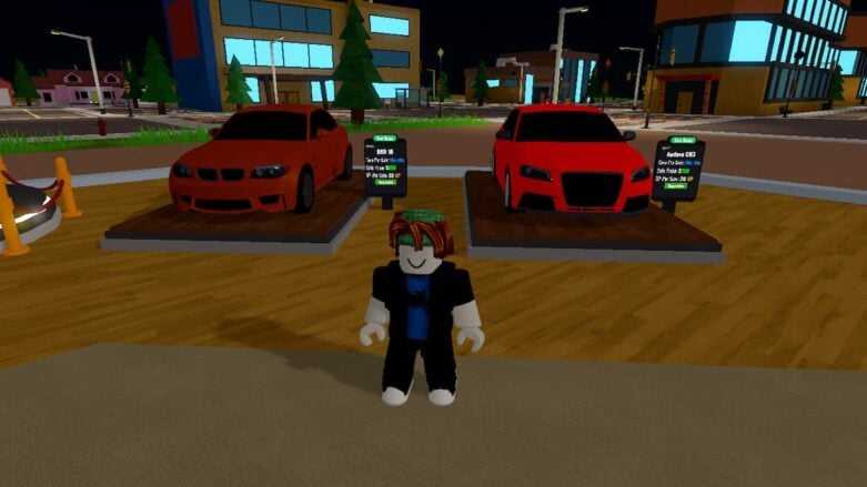 Roblox Dealership Life Rp em pé na frente de dois carros vermelhos