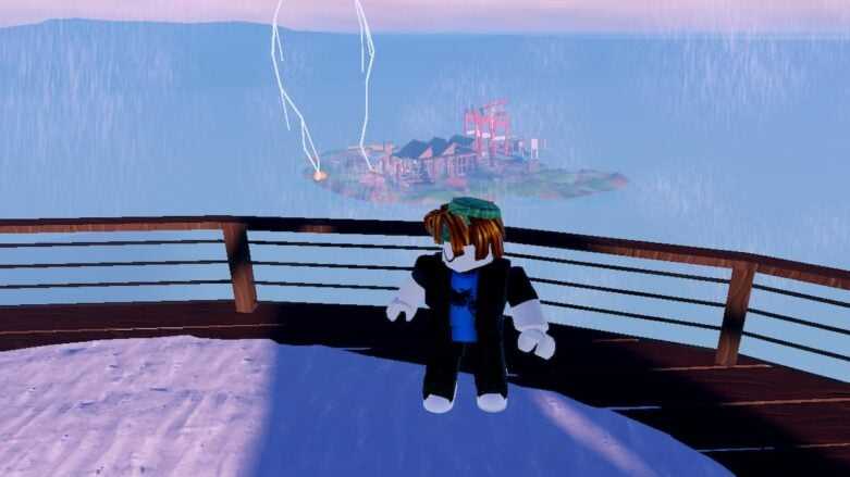 Roblox Disaster Island com vista para uma ilha enquanto um raio a atinge