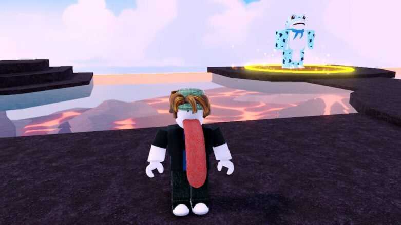 Roblox Tongue Battles em pé com a língua ao longo e o sapo atrás