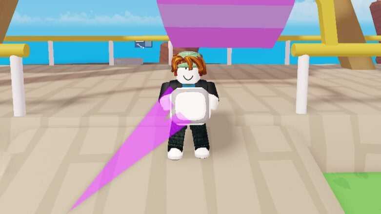 Roblox Party em pé segurando um bloco de dados branco