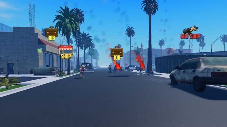 Tiroteio Roblox Cali em uma estrada com fogo à distância