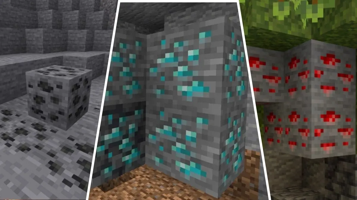 Locais de minério no Minecraft como Carvão, Diamante e Redstone.