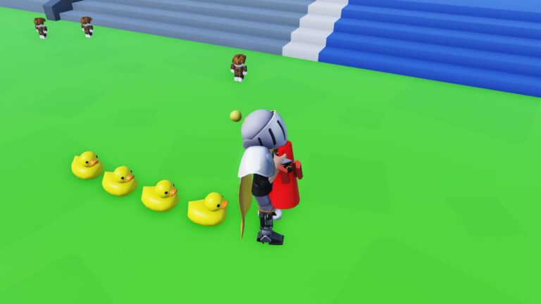 Roblox Duck Army Standing In Grass As Four Yellow Ducks Follow Me