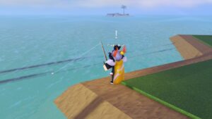 Roblox Fish It Standing Near Ocean Fishing With Small Island In Background