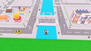 Roblox City Go Standing On Water Near Bridge With School On Right And Chip Shop On Left