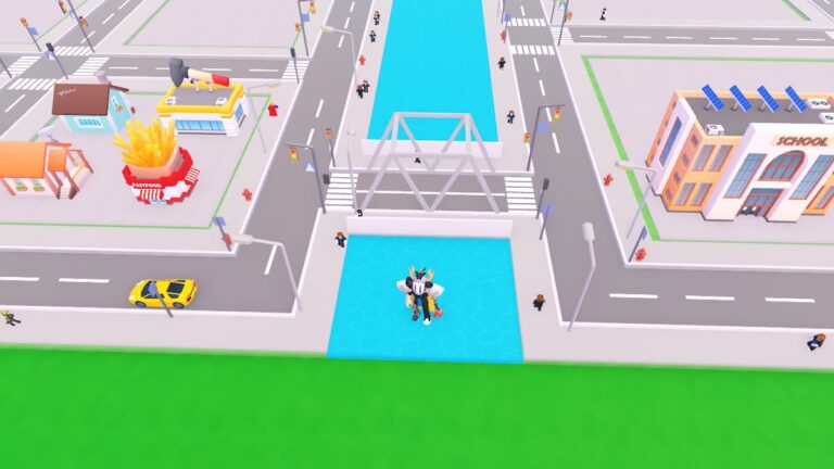 Roblox City Go Standing On Water Near Bridge With School On Right And Chip Shop On Left