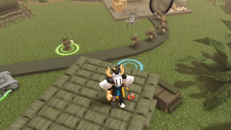 Roblox Rng War Td Standing On Thatched Roof As A Helicopter And Solider Fight Units