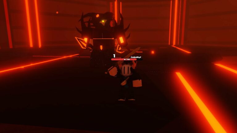 Roblox Raid Rush Standing In Red Volcano Room As Red Demon Monster Attacks