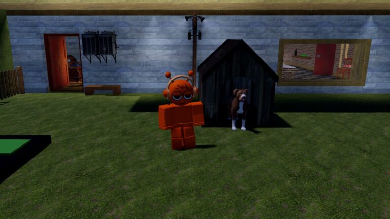 Roblox Sprunki Killer Orange Avatar Standing Near Dog House With Dog