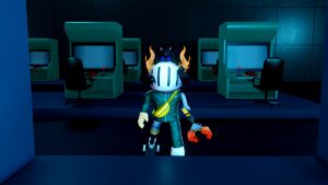 Roblox The Squid Game Avatar With Helmet And Metal Claw Hand Standing Near Chairs And Computers