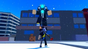 Roblox Old Toilet Tower Defense Standing In Snow Underneath A Giant Tv Unit