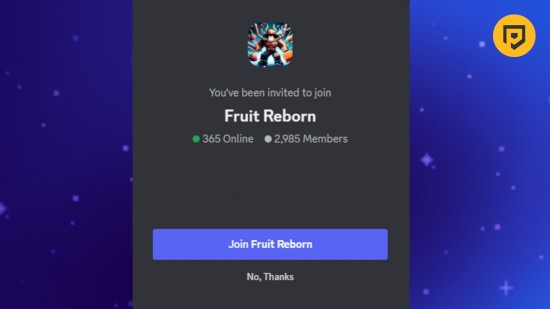 Códigos Fruit Reborn: uma captura de tela do convite do servidor Discord com o logotipo PT no canto superior direito