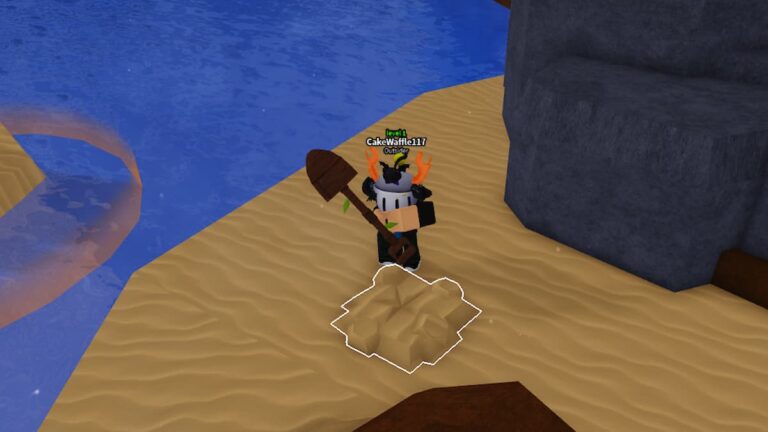 Roblox Dig It Player Wearing Helmet Digging In Sand Near Ocean