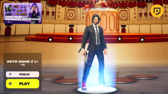 Códigos do Octo Game 2: Uma imagem de John Wick em Fortnite ao lado do carrossel do Octo Game.