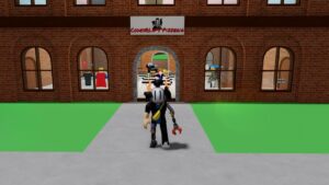 Roblox Destroy An Evil Pizzeria Avatar Wearing Helmet Standing Outside Of Brick Pizzeria