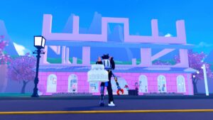 Roblox Cake Shop Tycoon Helmet Wearing Avatar Standing In Front Of Pink Cake Shop