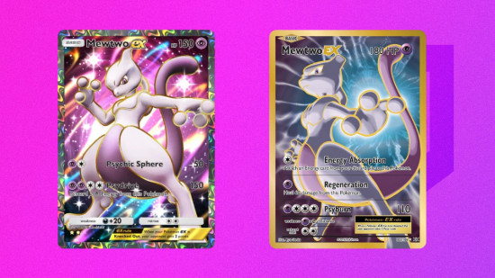 1* ex-carta de Mewtwo no Pokémon Pocket ao lado de uma carta real de Mewtwo de XY Evolutions