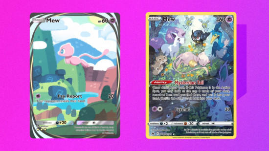 Cartão imersivo Mew do Pokémon TCG Pocket ao lado de uma versão do Mew na Galarian Gallery