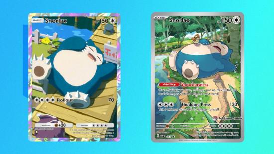 Cartão de uma estrela Snorlax do Pokémon Pocket ao lado do cartão promocional de 151 ETB do Snorlax