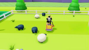 Roblox Sheep Life Avatar Wearing Helmet Standing In Sheep Pen With Fluffy White Sheep