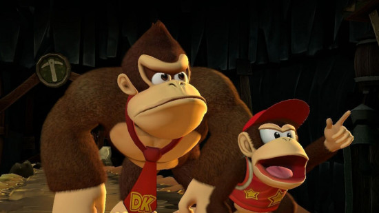 Captura de tela da análise HD de Donkey Kong Country Returns mostrando DK e Diddy Kong em uma cena