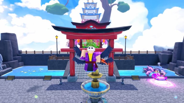 A Roblox character with white hair and black wings stands on a fountain in front of a red Torii gate. A Japanese-style building is in the background, surrounded by water and lanterns. The scene is bright with a vibrant sky.