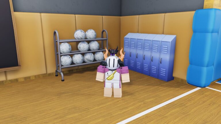 A Roblox character with a fiery horned helmet and a small black pet stands in a gym. Behind them are blue lockers, a rack of volleyballs, and padded walls. The gym floor is wooden, with part of a court line visible.