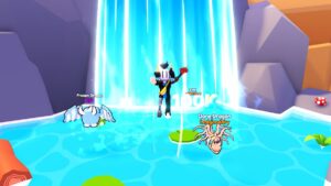 Roblox Rebirth Legends Avatar Wearing Helmet Jumping In Water With Waterfall Behind With Pets