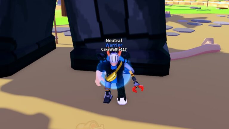 Roblox Age Of Lifters Avatar Wearing Helmet Encased In Blue Bubble Near Giant Black Leg