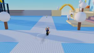 Roblox Project Smash Avatar Wearing Silver Helmet On White Blue Path Swinging Sword