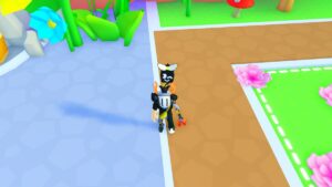 Roblox Bee Masters Simulator Avatar Wearing Helmet With Black Bee Behind Near Flowers