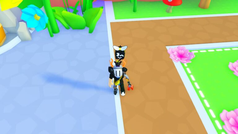 Roblox Bee Masters Simulator Avatar Wearing Helmet With Black Bee Behind Near Flowers