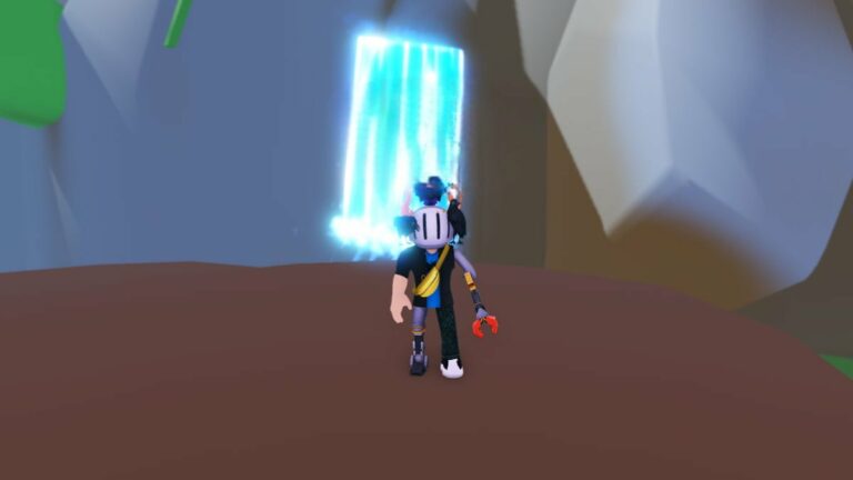 Roblox Button Legends Simulator Avatar Wearing Silver Helmet Standing In Front Of Blue Waterfall