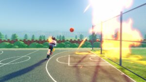 Roblox 2d Basketball Avatar Wearing Silver Helmet On Basketball Court While Hoop Is On Fire