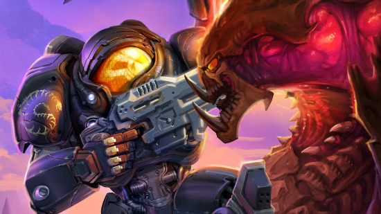 Entrevista com Hearthstone Heroes of Starcraft: Jim Raynor lutando contra um grande alienígena