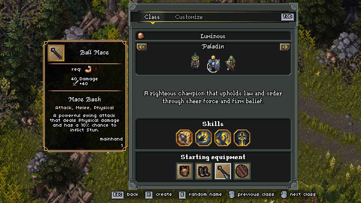 Menu de classe Paladin em Heroes of Hammerwatch 2