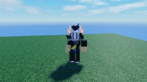 Roblox Robots Vs Humans Avatar Wearing Silver Helmet On Grass With Sky Behind