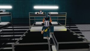 Roblox Squid Game O Standing On Black Bunk Beds Wearing Green Outfit