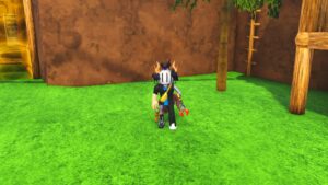 Roblox My Monkey Army Avatar Wearing Silver Helmet Standing On Grass Near Tree