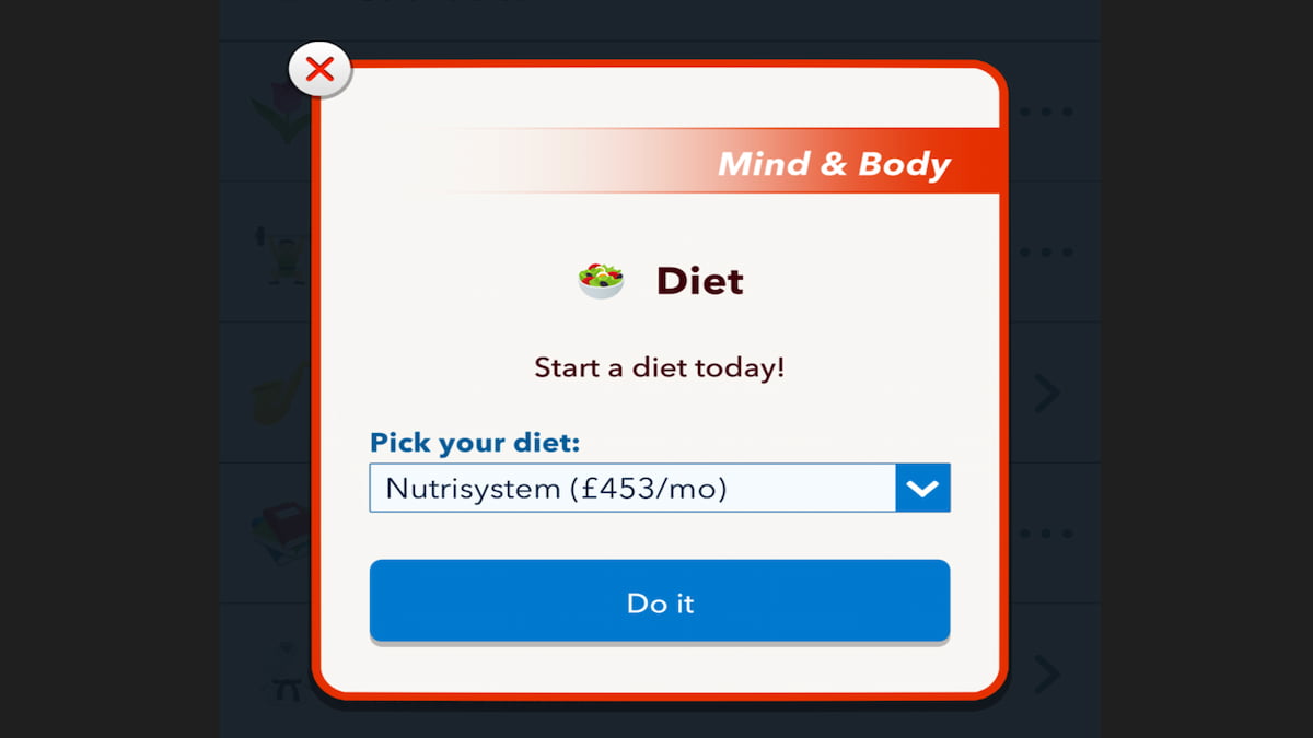 O menu de dieta BitLife