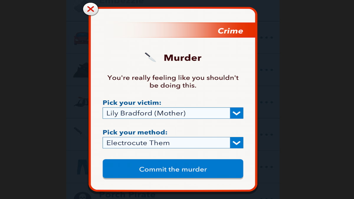 O menu de assassinato no BitLife