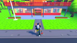 Roblox Sandwich Restaurant Tycoon Avatar Wearing Helmet Standing Outside Red Restaurant