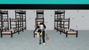 Roblox Squid Game 2 Avatar Wearing Helmet Standing Near Bunk Beds