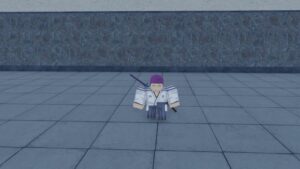 Roblox Type Cc Purple Haired Avatar Dashing Forward On Marble Squares With Katana On Back