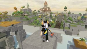 Roblox Shellbound Avatar Wearing Helmet With Fighting And Castle In The Background