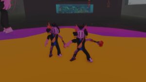 Roblox My Npc Friend Two Avatars Wearing Helmet Standing On Orange Floor One Is Dancing