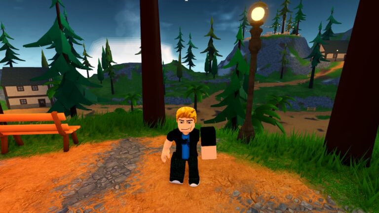 Roblox Treasure Lands Blonde Haired Avatar Standing Near Bench And Lampost On A Hill